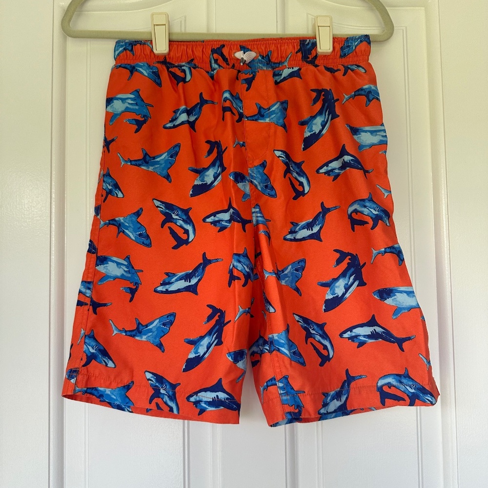 Boys' Land's End Orange and Blue Shark-Printed Swim Trunks